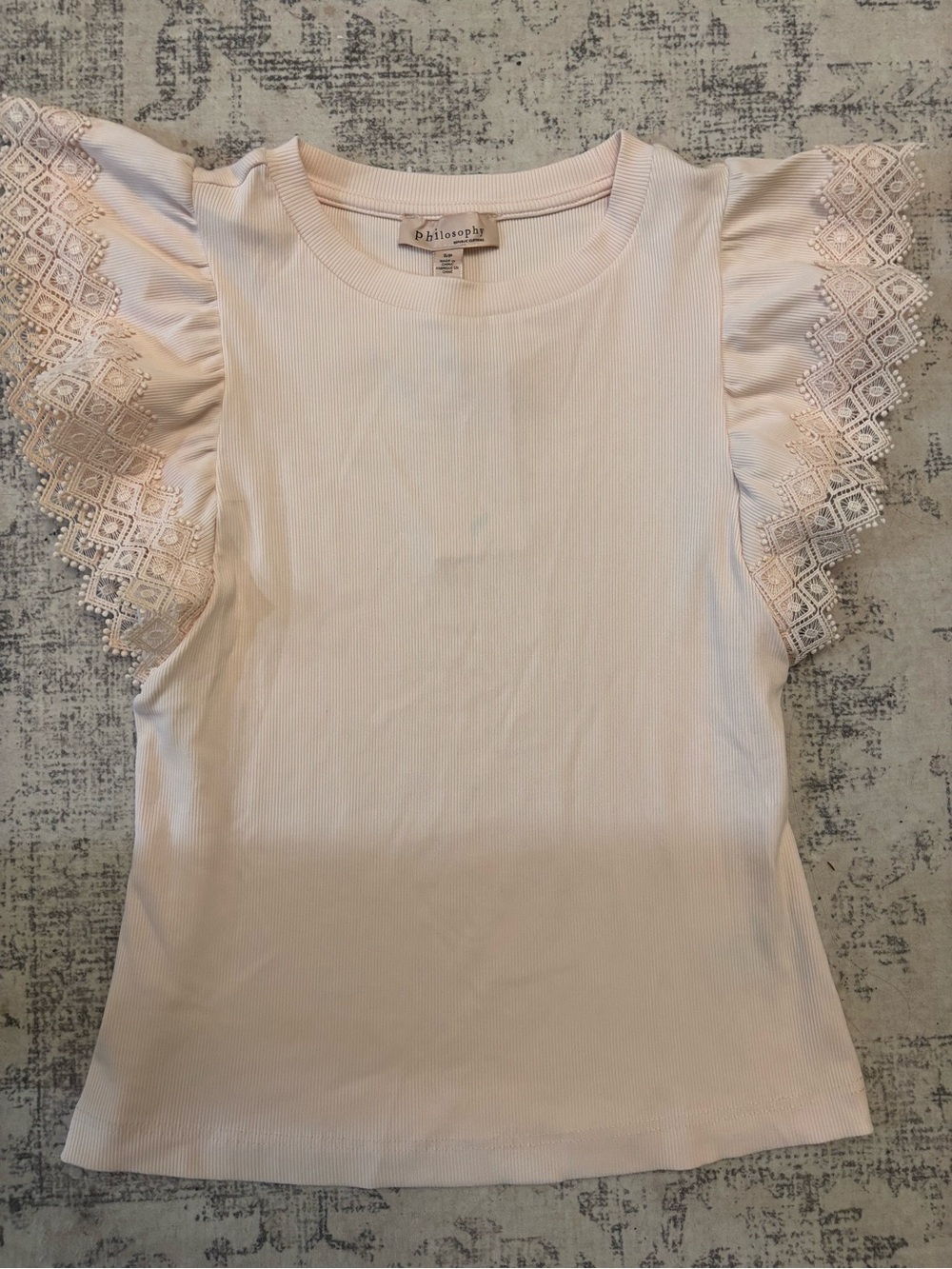 Philosophy Pale Pink Lace Flutter Sleeve Ribbed Top